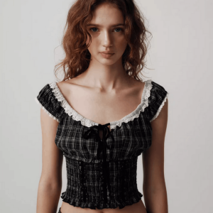 Lace Trim Plaid Crop Top