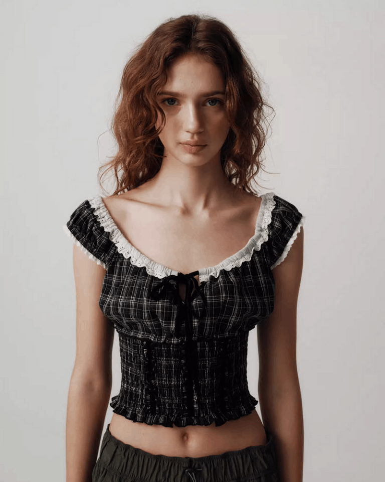 Lace Trim Plaid Crop Top